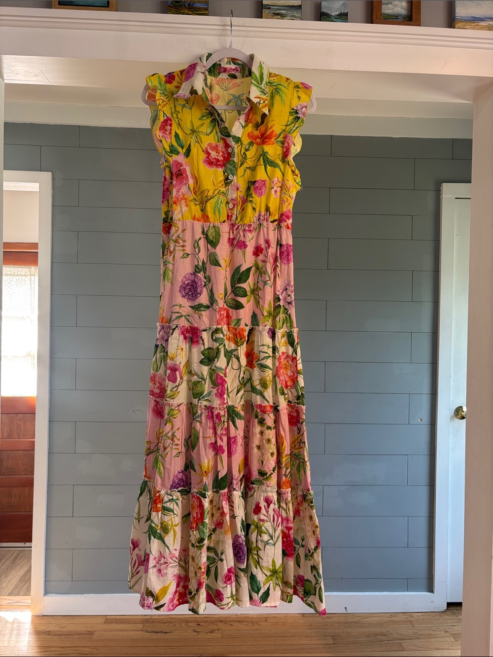 Yellow & Pink Floral Tiered Maxi Dress with Ruffle Shoulders‎